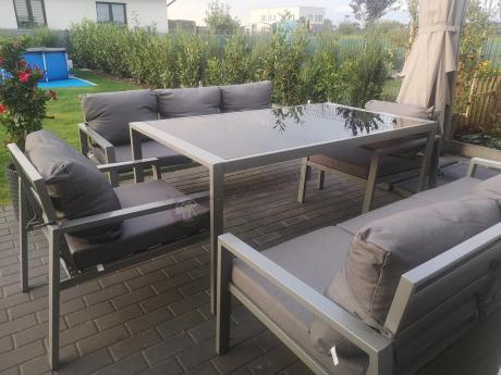 Szare meble tarasowe metalowe z sofami 175cm i wysokim stołem Sodor Grande - Silver