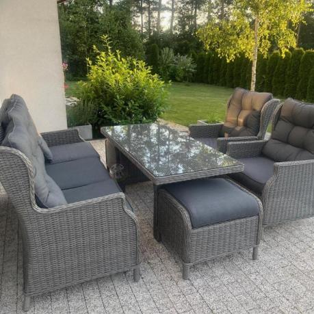 Szare meble technorattanowe na taras z regulowanymi fotelami Laritto Dining + pufy - Grey