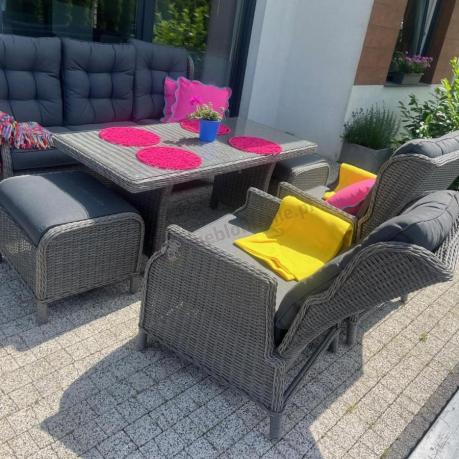Szare meble technorattanowe na taras z regulowanymi fotelami Laritto Dining + pufy - Grey
