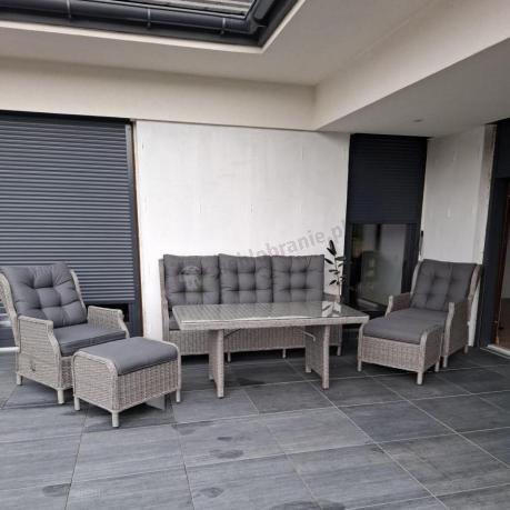 Szare meble technorattanowe na taras z regulowanymi fotelami Laritto Dining + pufy - Grey