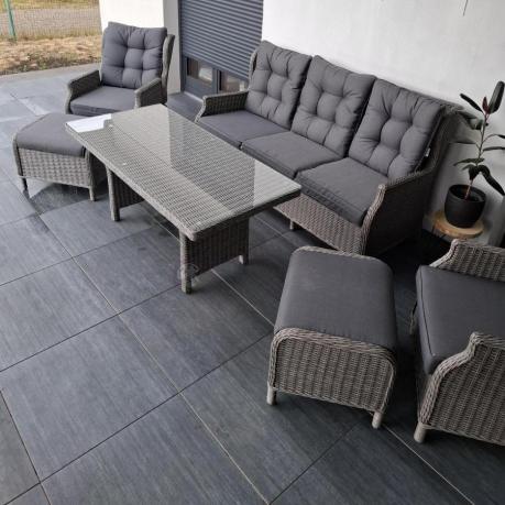 Szare meble technorattanowe na taras z regulowanymi fotelami Laritto Dining + pufy - Grey
