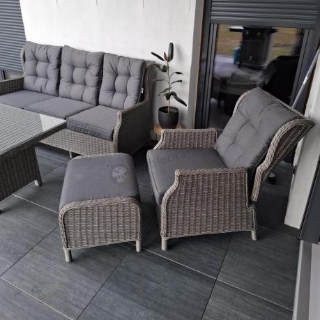 Szare meble technorattanowe na taras z regulowanymi fotelami Laritto Dining + pufy - Grey