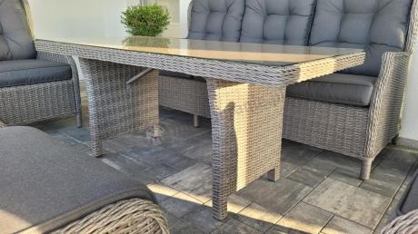 Szare meble technorattanowe na taras z regulowanymi fotelami Laritto Dining + pufy - Grey