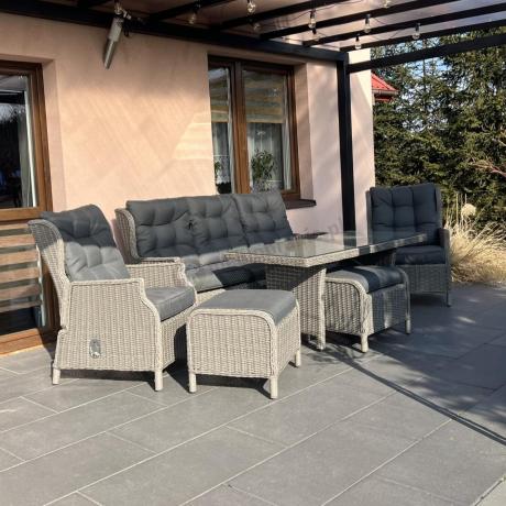 Szare meble technorattanowe na taras z regulowanymi fotelami Laritto Dining + pufy - Grey