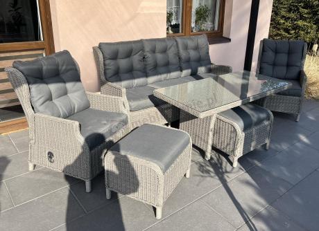 Szare meble technorattanowe na taras z regulowanymi fotelami Laritto Dining + pufy - Grey