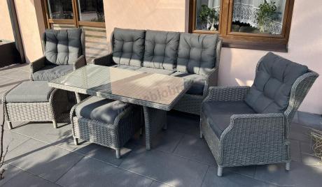 Szare meble technorattanowe na taras z regulowanymi fotelami Laritto Dining + pufy - Grey
