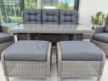Szare meble technorattanowe na taras z regulowanymi fotelami Laritto Dining + pufy - Grey