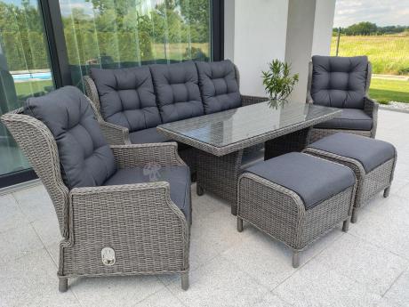 Szare meble technorattanowe na taras z regulowanymi fotelami Laritto Dining + pufy - Grey