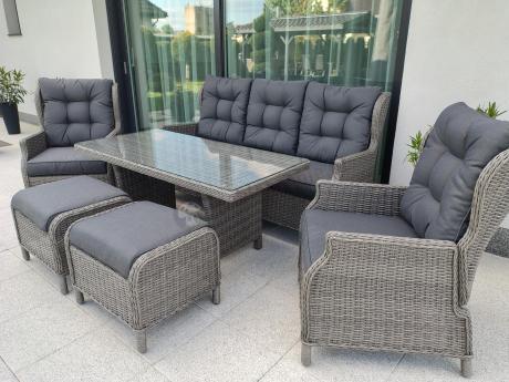 Szare meble technorattanowe na taras z regulowanymi fotelami Laritto Dining + pufy - Grey