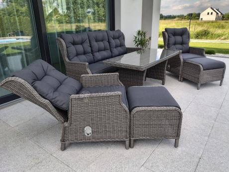 Szare meble technorattanowe na taras z regulowanymi fotelami Laritto Dining + pufy - Grey