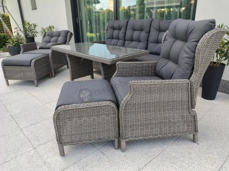 Szare meble technorattanowe na taras z regulowanymi fotelami Laritto Dining + pufy - Grey