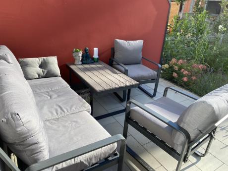 Szare nowoczesne meble na taras - zestaw z sofą i fotelami - Panaon Dining GG