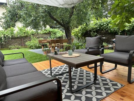 Szare nowoczesne meble na taras - zestaw z sofą i fotelami - Panaon Dining GG