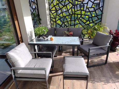 Szare nowoczesne meble na taras z wysokim stołem i pufami - zestaw dla 7 osób - Panaon Elite Plus Grey