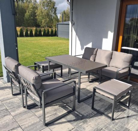 Szare nowoczesne meble na taras z wysokim stołem i pufami - zestaw dla 7 osób - Panaon Elite Plus Grey