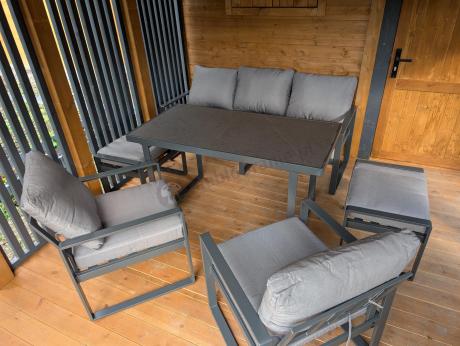 Szare nowoczesne meble na taras z wysokim stołem i pufami - zestaw dla 7 osób - Panaon Elite Plus Grey