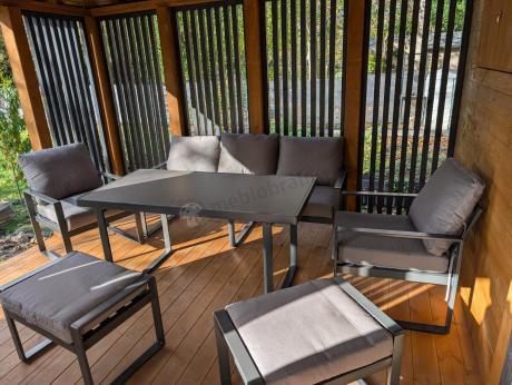 Szare nowoczesne meble na taras z wysokim stołem i pufami - zestaw dla 7 osób - Panaon Elite Plus Grey