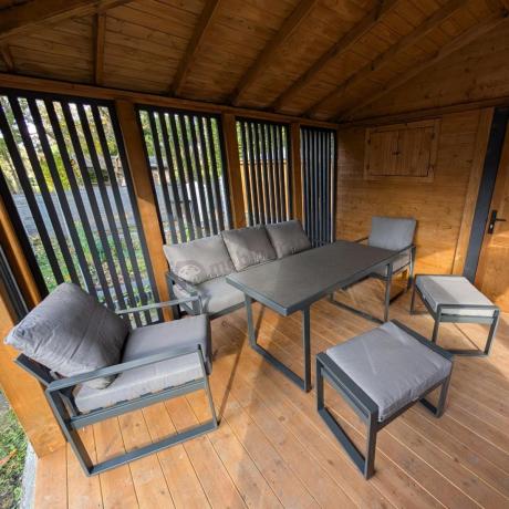 Szare nowoczesne meble na taras z wysokim stołem i pufami - zestaw dla 7 osób - Panaon Elite Plus Grey