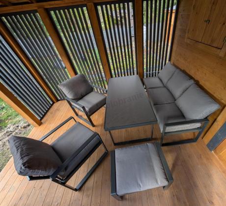 Szare nowoczesne meble na taras z wysokim stołem i pufami - zestaw dla 7 osób - Panaon Elite Plus Grey