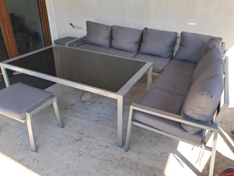 Szare nowoczesne meble ogrodowe - modułowy narożnik 184x239cm i fotel - Sodor Corner XL - Silver
