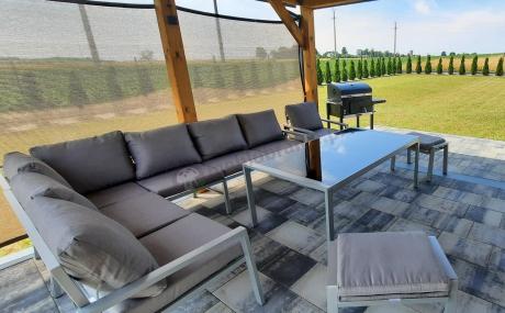 Szare nowoczesne meble ogrodowe - modułowy narożnik 184x239cm i fotel - Sodor Corner XL - Silver