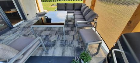 Szare nowoczesne meble ogrodowe - modułowy narożnik 184x239cm i fotel - Sodor Corner XL - Silver