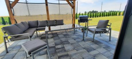 Szare nowoczesne meble ogrodowe - modułowy narożnik 184x239cm i fotel - Sodor Corner XL - Silver