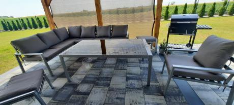 Szare nowoczesne meble ogrodowe - modułowy narożnik 184x239cm i fotel - Sodor Corner XL - Silver