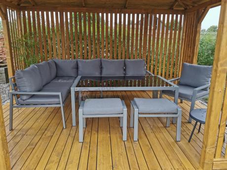 Szare nowoczesne meble ogrodowe - modułowy narożnik 184x239cm i fotel - Sodor Corner XL - Silver