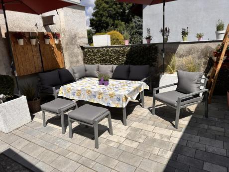 Szare nowoczesne meble ogrodowe - modułowy narożnik 184x239cm i fotel - Sodor Corner XL - Silver