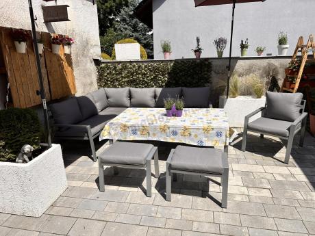 Szare nowoczesne meble ogrodowe - modułowy narożnik 184x239cm i fotel - Sodor Corner XL - Silver