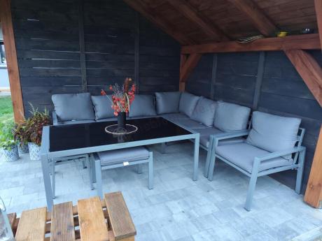Szare nowoczesne meble ogrodowe - modułowy narożnik 184x239cm i fotel - Sodor Corner XL - Silver