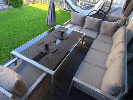 Szare nowoczesne meble ogrodowe - modułowy narożnik 184x239cm i fotel - Sodor Corner XL - Silver