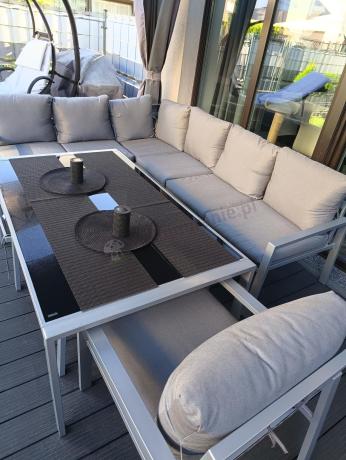 Szare nowoczesne meble ogrodowe - modułowy narożnik 184x239cm i fotel - Sodor Corner XL - Silver