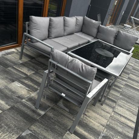 Szare nowoczesne meble ogrodowe - modułowy narożnik 184x239cm i fotel - Sodor Corner XL - Silver