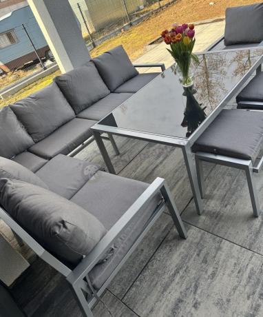 Szare nowoczesne meble ogrodowe - modułowy narożnik 184x239cm i fotel - Sodor Corner XL - Silver