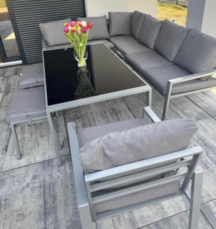 Szare nowoczesne meble ogrodowe - modułowy narożnik 184x239cm i fotel - Sodor Corner XL - Silver