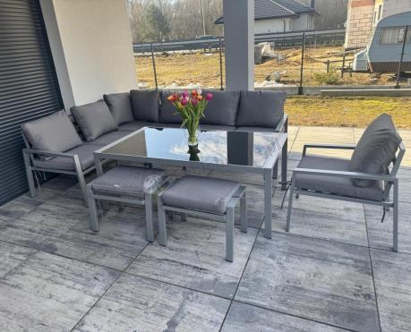 Szare nowoczesne meble ogrodowe - modułowy narożnik 184x239cm i fotel - Sodor Corner XL - Silver
