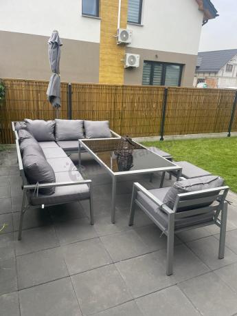 Szare nowoczesne meble ogrodowe - modułowy narożnik 184x239cm i fotel - Sodor Corner XL - Silver
