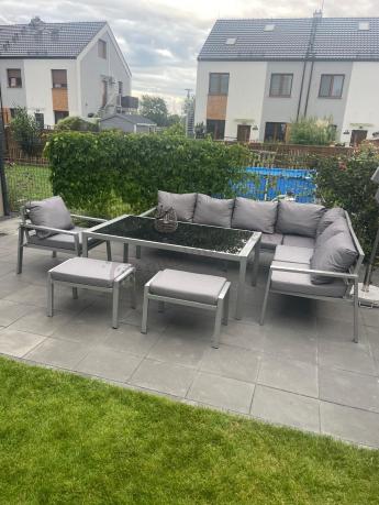 Szare nowoczesne meble ogrodowe - modułowy narożnik 184x239cm i fotel - Sodor Corner XL - Silver