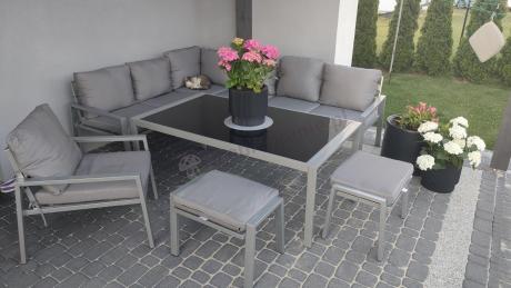 Szare nowoczesne meble ogrodowe - modułowy narożnik 184x239cm i fotel - Sodor Corner XL - Silver