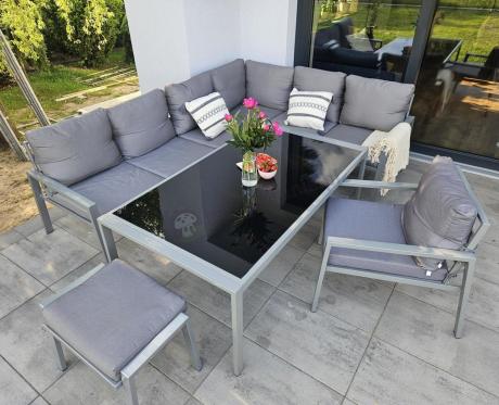 Szare nowoczesne meble ogrodowe - modułowy narożnik 184x239cm i fotel - Sodor Corner XL - Silver