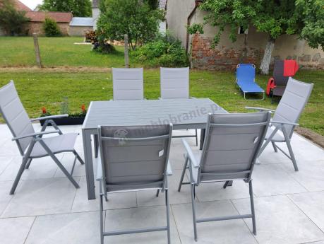 Szary komplet mebli ogrodowych ze stołem obiadowym i składanymi krzesłami - Kanbery Silver 6+1