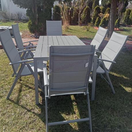 Szary komplet mebli ogrodowych ze stołem obiadowym i składanymi krzesłami - Kanbery Silver 6+1