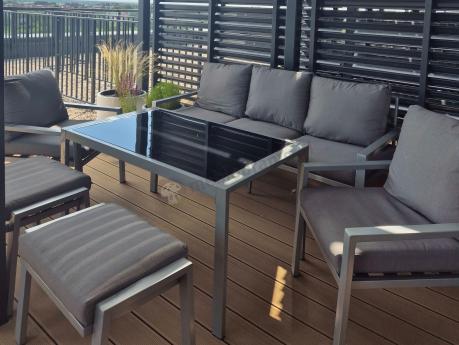 Szary komplet ogrodowy metalowy z sofą 175cm, fotelami i pufami - Sodor Max + pufy - Silver