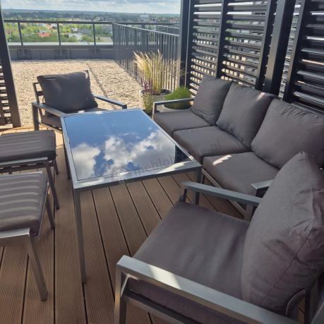 Szary komplet ogrodowy metalowy z sofą 175cm, fotelami i pufami - Sodor Max + pufy - Silver