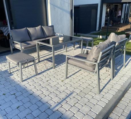 Szary komplet ogrodowy metalowy z sofą 175cm, fotelami i pufami - Sodor Max + pufy - Silver