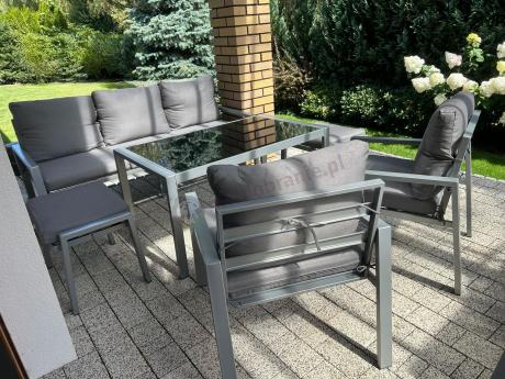 Szary komplet ogrodowy metalowy z sofą 175cm, fotelami i pufami - Sodor Max + pufy - Silver