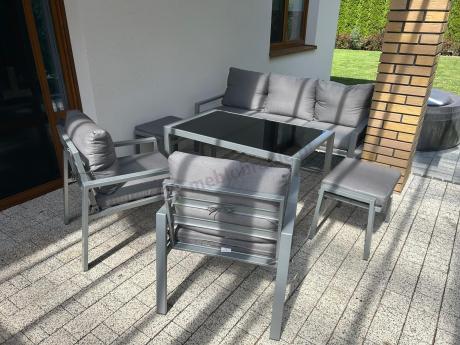 Szary komplet ogrodowy metalowy z sofą 175cm, fotelami i pufami - Sodor Max + pufy - Silver
