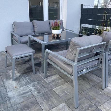Szary komplet ogrodowy metalowy z sofą 175cm, fotelami i pufami - Sodor Max + pufy - Silver
